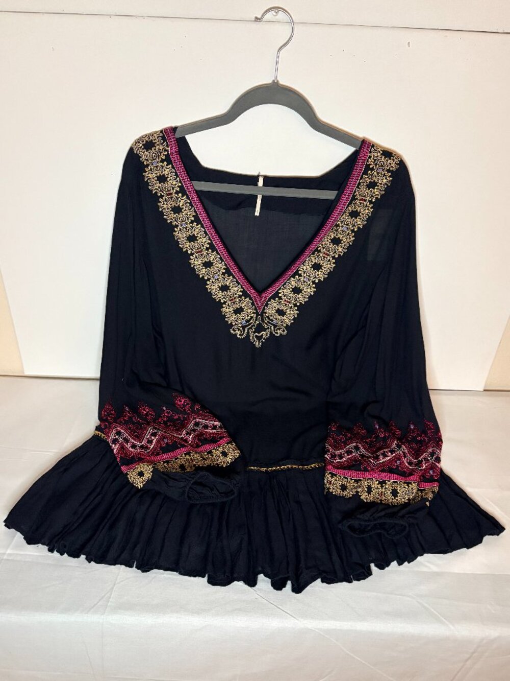 FREE PEOPLE Woman Wild One Black Red/Gold Embroidered Sheer Tunic Dress Size S